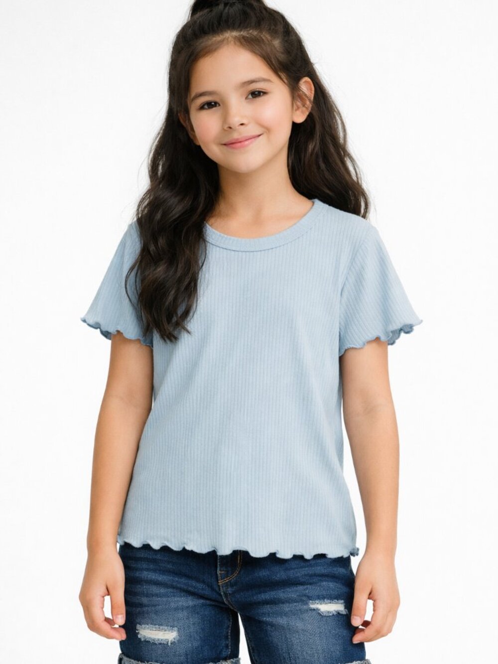 Full Tilt Girls Ribbed Top Light Blue Lettuce Edge Size 10
